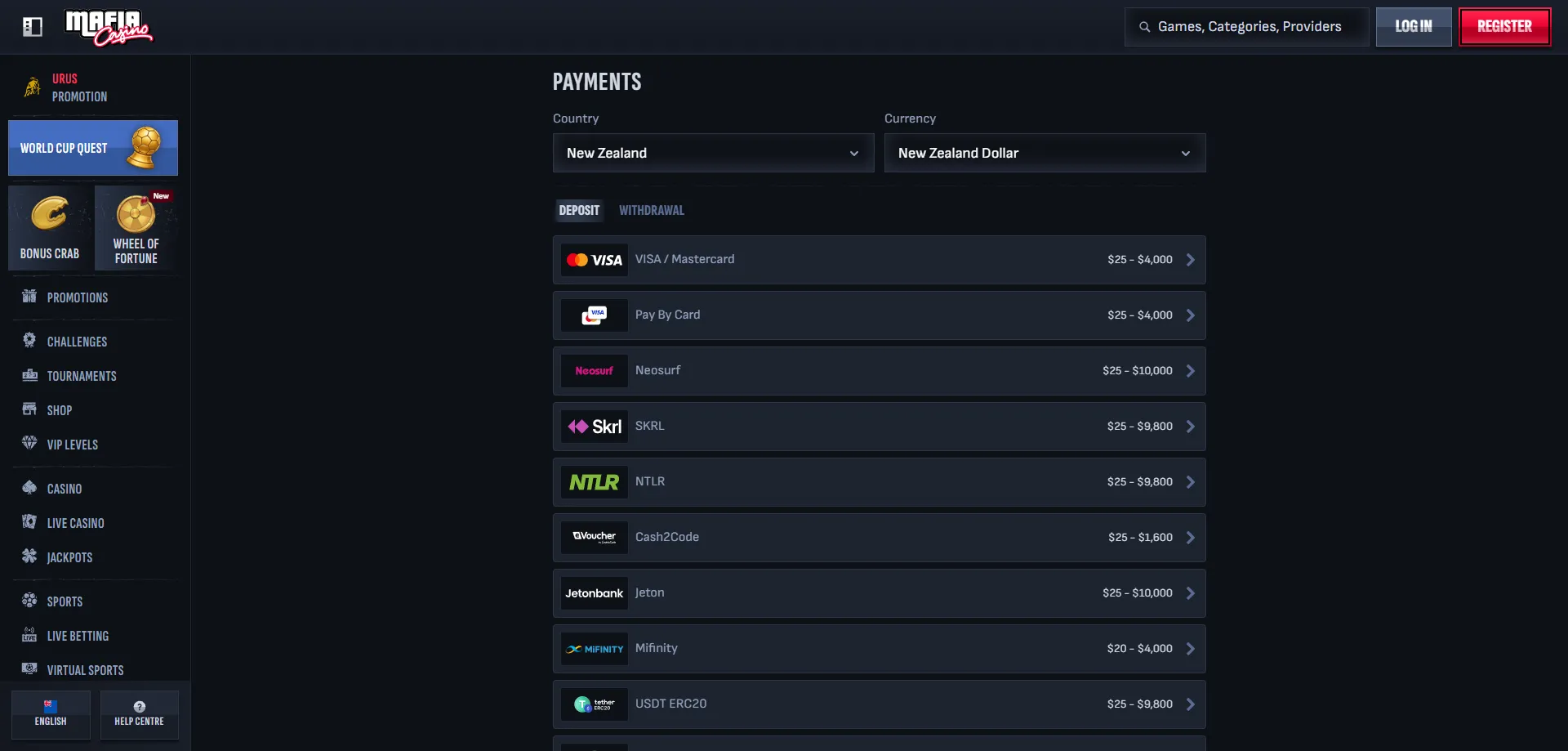 Mafia Casino payment methods &mdash; deposit and withdrawal NZ 2026