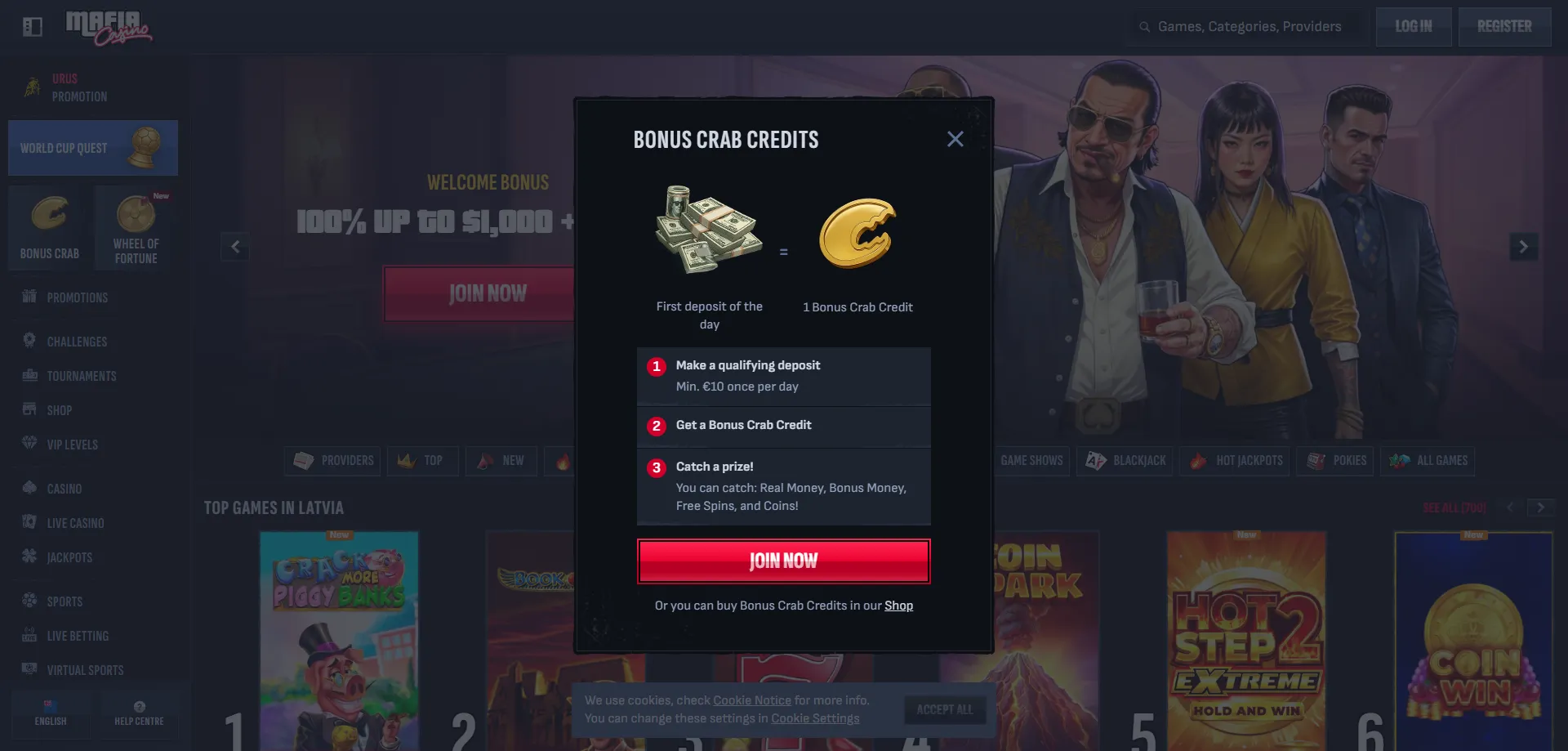 Mafia Casino welcome bonus NZ &mdash; NZ$1000 match plus 200 free spins